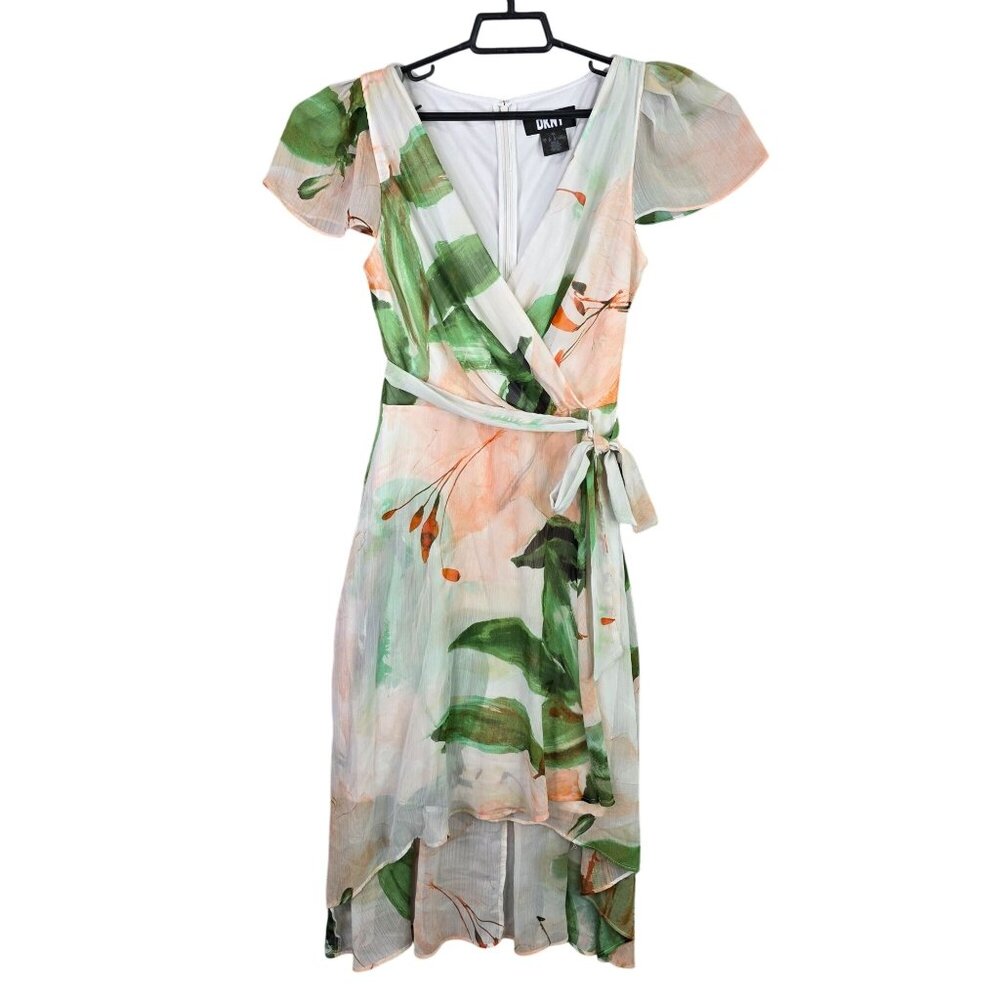Womens DKNY Green & Peach Floral Wrap Dress High-Low Hem 100% Polyester Size 6